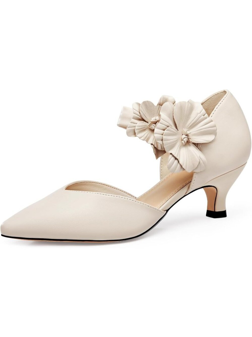 Women's Beige Low Kitten Heels Shoes Closed Toe Flower Slip on Formal Heel Pumps